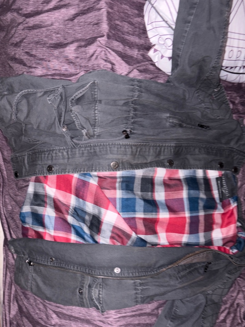 Aeropostale Gray Utility Jacket with Red & Blue Plaid Lining